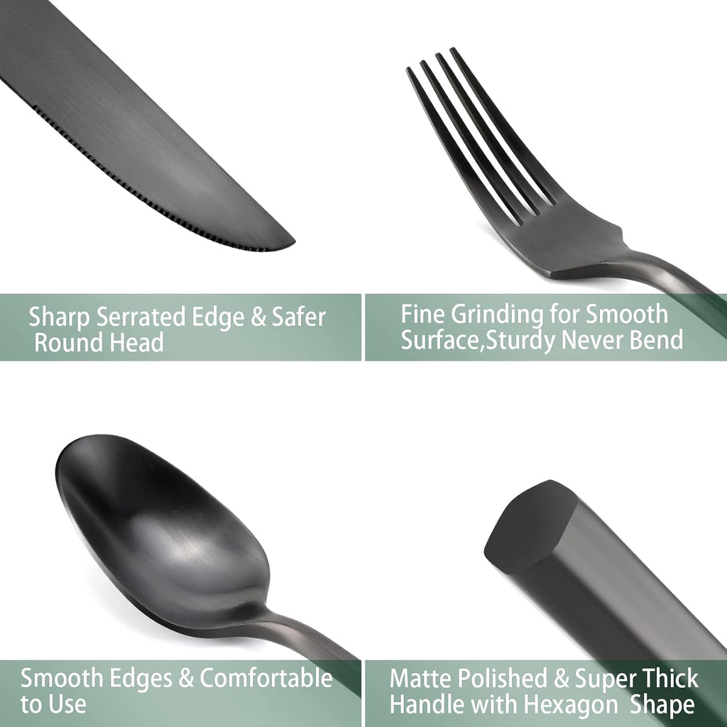 DEACORY Silverware Set Flatware Set Matte Black Cutlery Set Brushed Finished Hexagon Handle Heavy Stainless Steel 40 Pieces Dishwasher Safe Service for 8