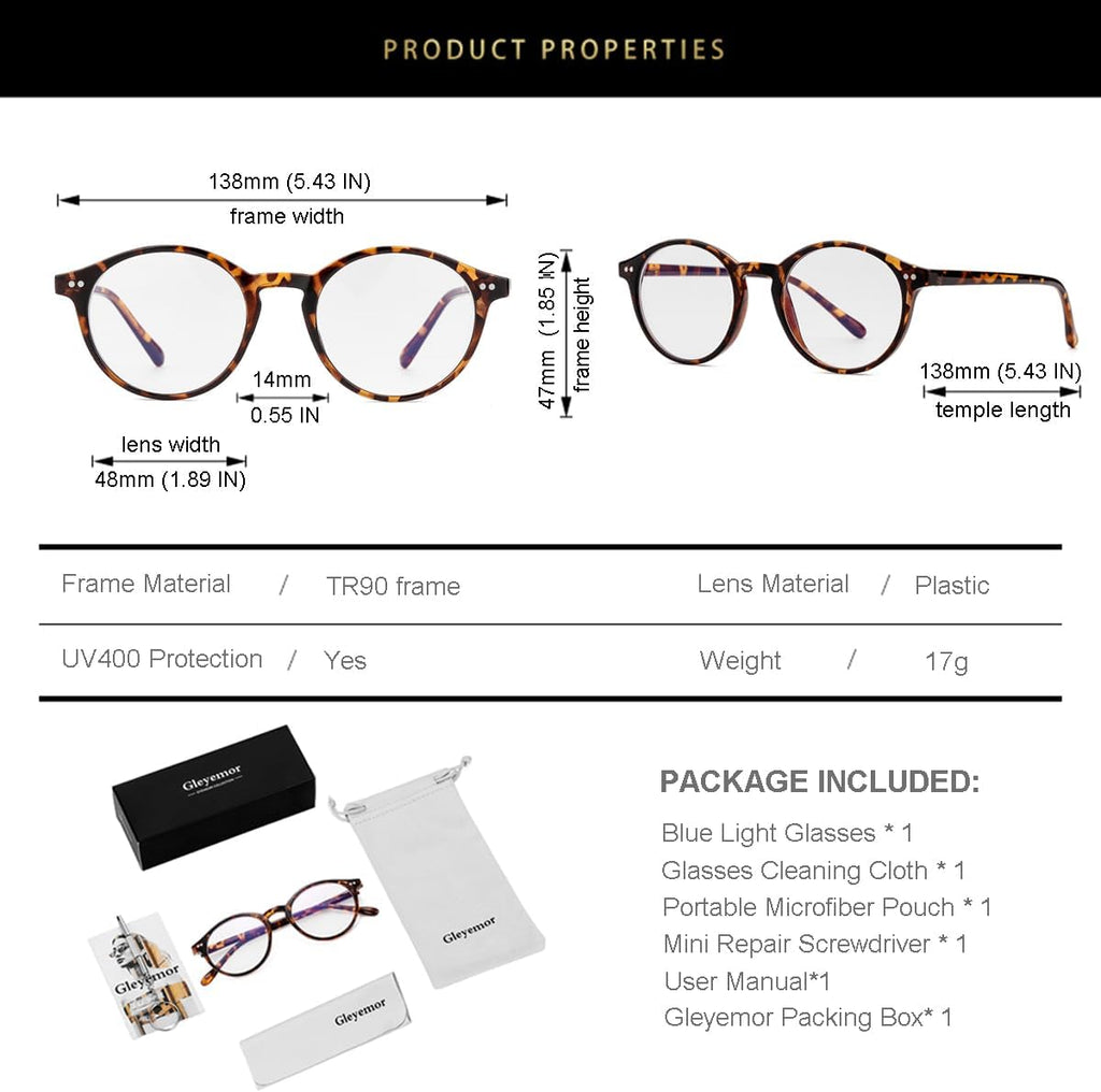 Gleyemor Blue Light Glasses for Men Women  Vintage Round Frame Computer Eyeglasses