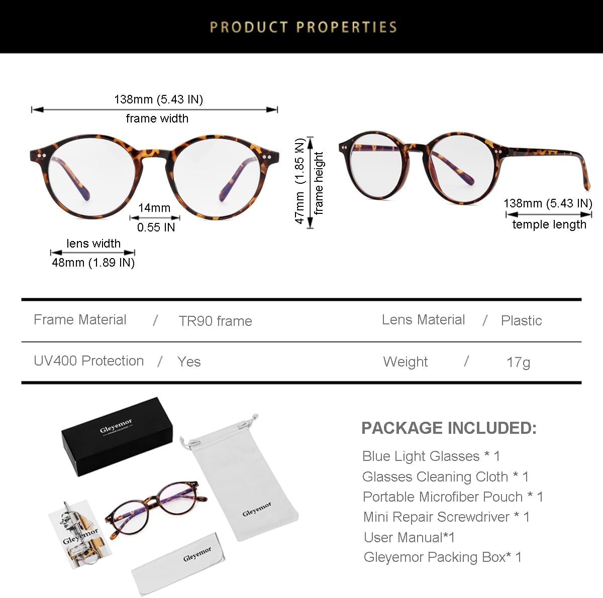 Gleyemor Blue Light Glasses for Men Women  Vintage Round Frame Computer Eyeglasses