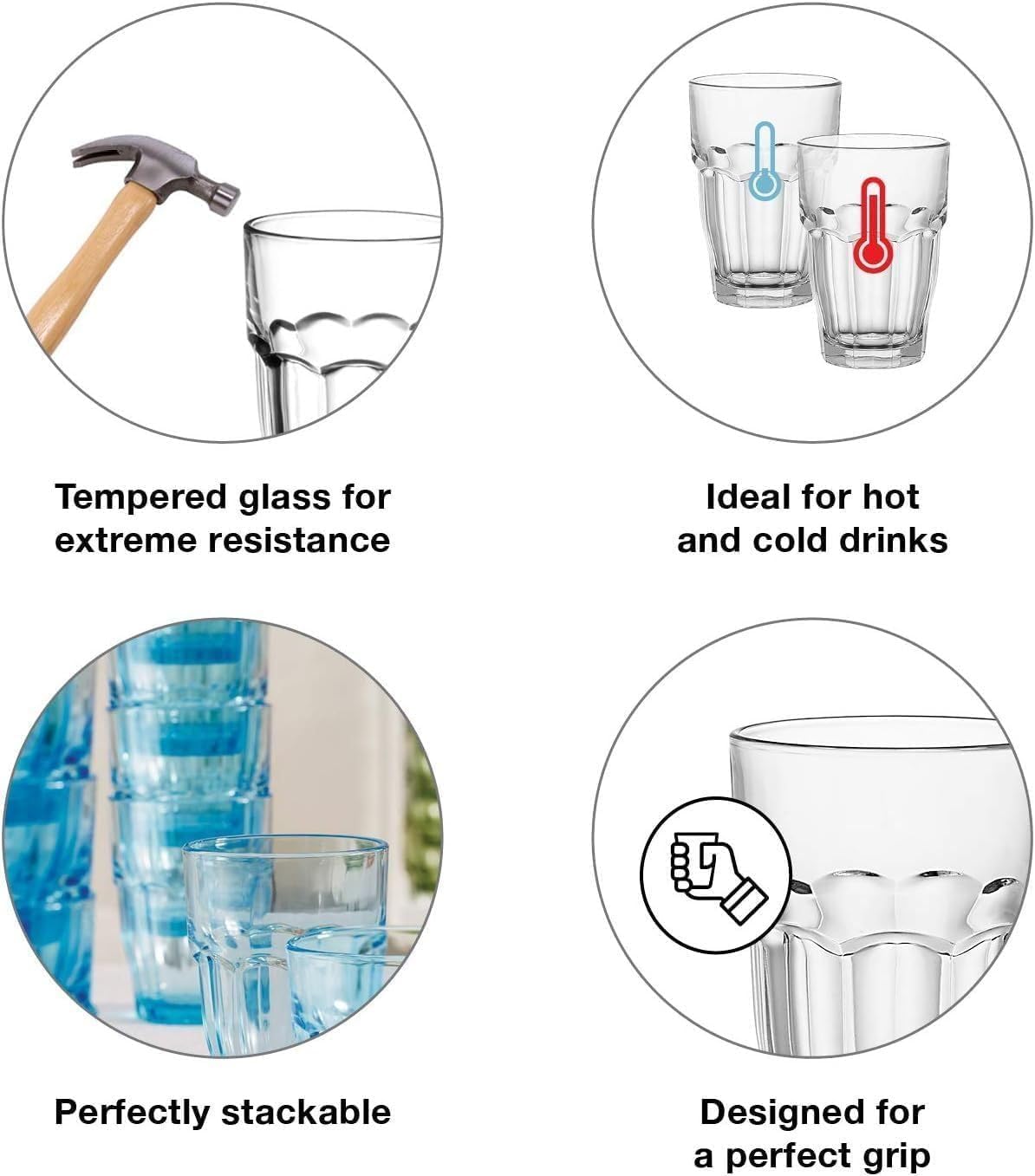 Bormioli Rocco Rock Bar Stackable Beverage  Set Of 6 Dishwasher Safe Drinking Glasses For Soda  Juice  Milk  Coke  Beer  Spirits – 12.5oz Durable Tempered Glass Water Tumblers For Daily Use