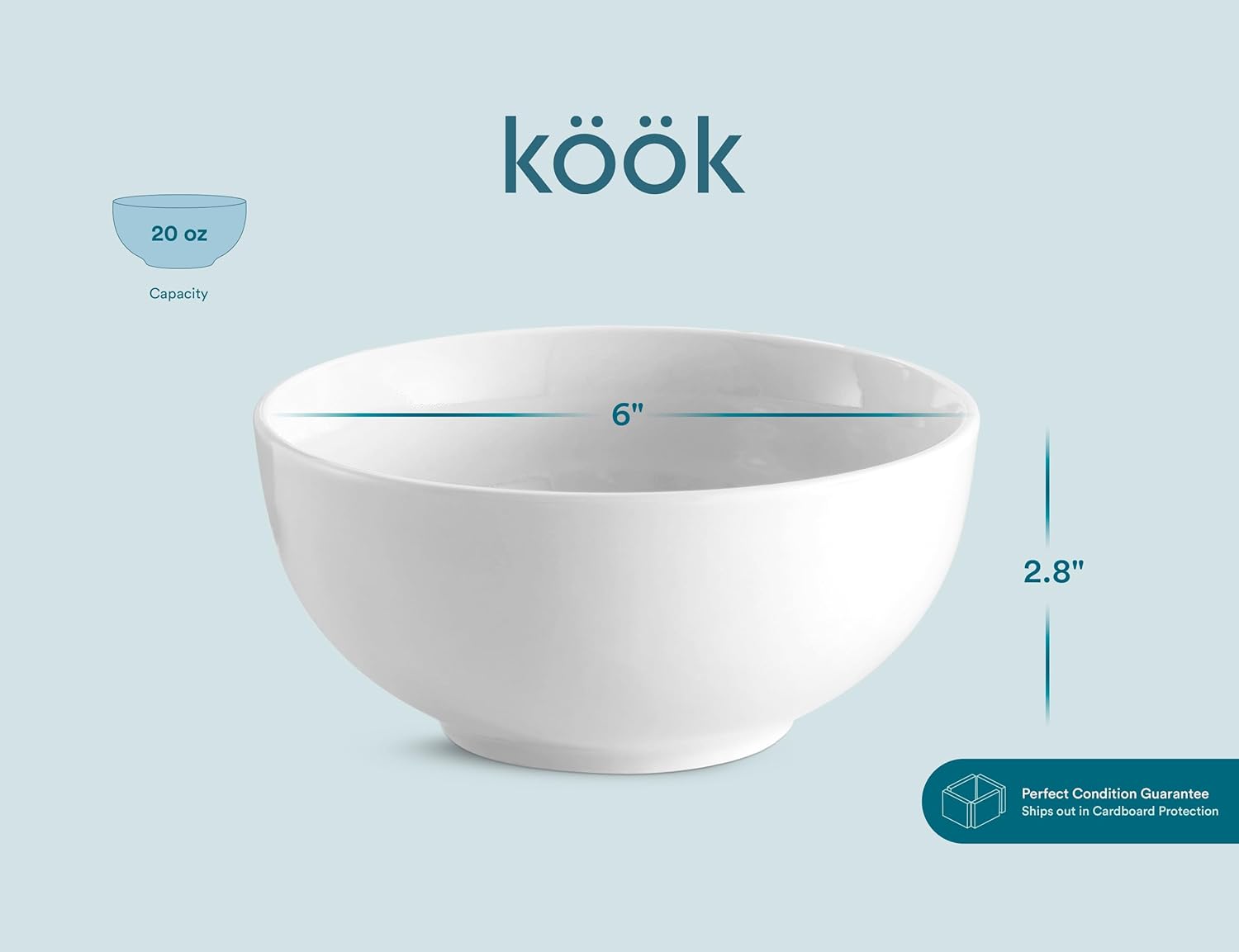 KooK Soup Bowls  Cereal Bowl  Ceramic  Bowls for Kitchen  Microwave  Dishwasher and Freezer Safe  Porcelain Dishes for Pasta  Salad  Oatmeal  Deep Interior  20 oz  Set of 6  (White)
