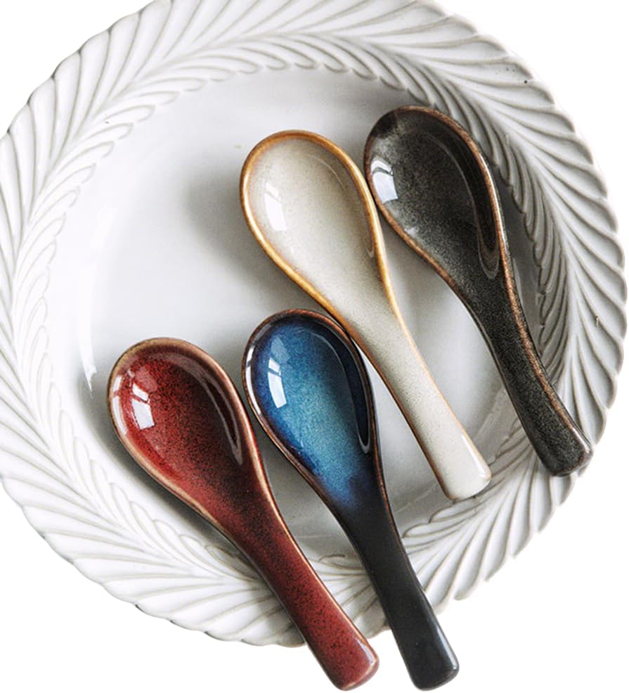 5.5-Inch Asian Soup Spoons  Non-Slip Bottom  Ceramic Soup Spoons for Pho  Ramen  Chinese Vietnamese Wonton  Dumplings and Korean Soups  Set of 4