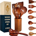 Wooden Utensil Set 9 PCS Hand-Crafted  Heat-Resistant  Non-Scratch & Easy-to-Clean Natural Teak Wooden Kitchen Tools with Spatula  Slotted Spatula  Spoons  Ladle  Pasta Server  Salad Fork  Holder Set