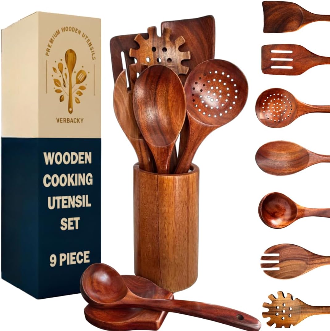 Wooden Utensil Set 9 PCS Hand-Crafted  Heat-Resistant  Non-Scratch & Easy-to-Clean Natural Teak Wooden Kitchen Tools with Spatula  Slotted Spatula  Spoons  Ladle  Pasta Server  Salad Fork  Holder Set