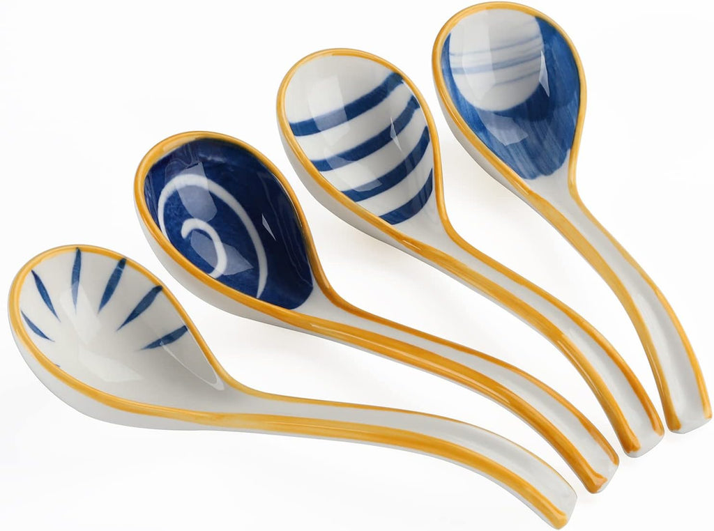 Ceramic Soup Spoons Set of 4 Porcelain Japanese Soup Spoon Long Handle Asian Soup Spoon Sets for Pho Ramen Noodles Wonton Dumpling Rice (Model 1#)