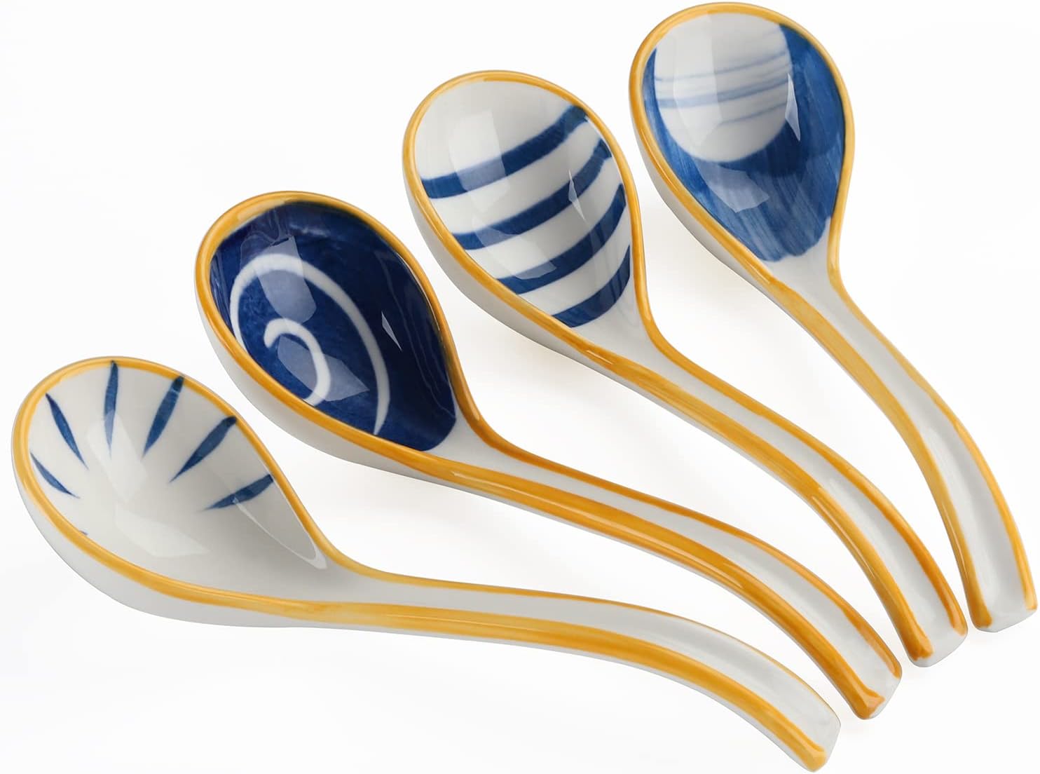 Ceramic Soup Spoons Set of 4 Porcelain Japanese Soup Spoon Long Handle Asian Soup Spoon Sets for Pho Ramen Noodles Wonton Dumpling Rice (Model 1#)