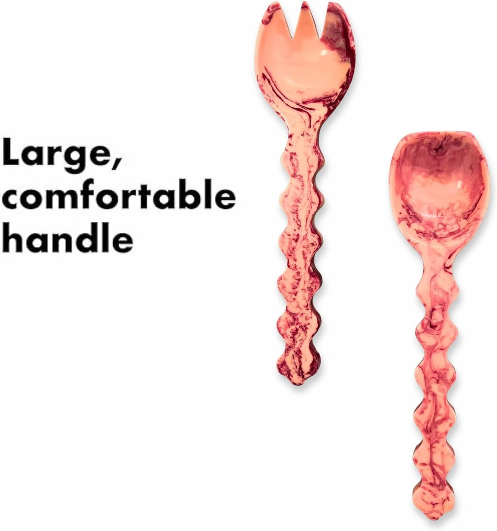 Vintage Style Salad Serving Spoon & Fork Set | Durable Lightweight Resin Utensils with Textured Handles | Elegant Retro Flatware for Kitchen  Dining  Entertaining & Gift Giving (Peach)