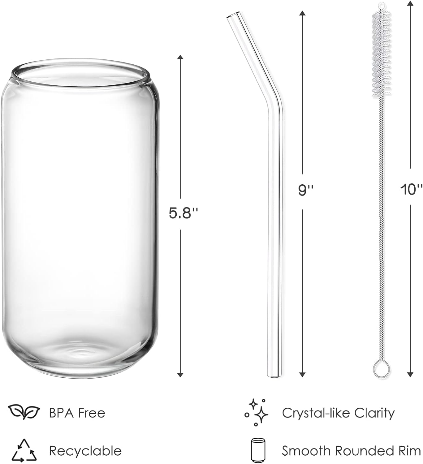 NETANY Drinking Glasses with Glass Straw 4pcs Set - 16oz Highball Glass Cups  Beer Glasses  Iced Coffee Glasses  Cute Tumbler Cup  Ideal for Whiskey  Soda  Tea  Water  Gift  2 Brushes