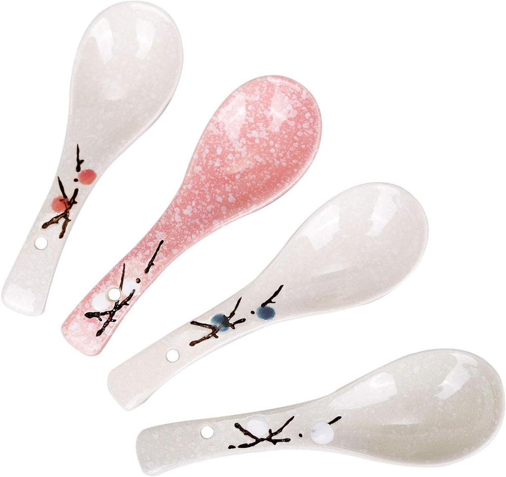 VanEnjoy Set of 4 Chinese/Japanese Ceramic Soup Spoons  Pink Cherry Blossom in Snow Pattern Ceramic Spoon Suitable for Soup