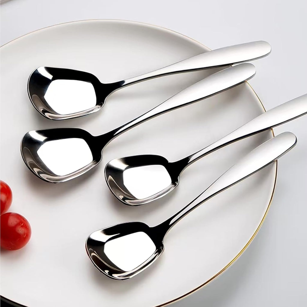 Square Head Soup Spoons  Korean Style Thick Heavy Square Dessert Spoon Long Handled Stainless Steel Soup Spoons Table Spoons Flat Square Spoon Set of 4 7 Inches.
