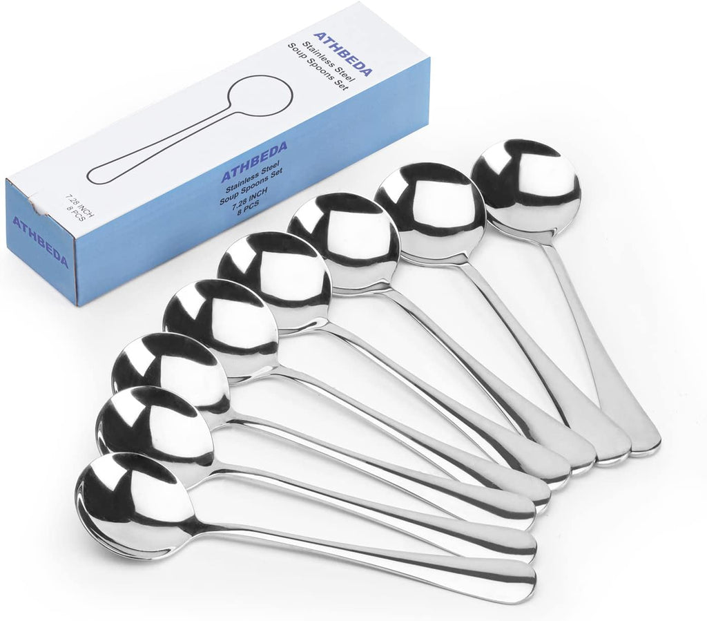 Premium 7.28" Soup Spoons Stainless Steel Round Spoons Set  18/8 stainless steel (SUS304)  Perfect for Soup  Ice Cream  Cereal  Gumbo  Chowder  Set of 8  Dishwasher Safe