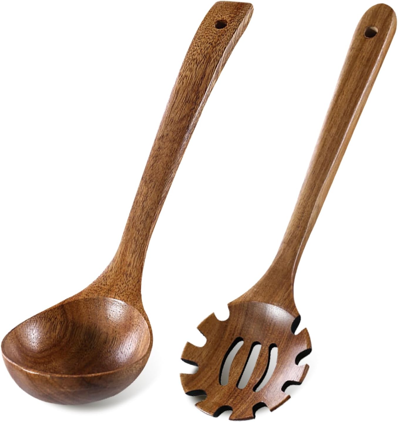 2PCS Wooden Ladle Set  wood ladle and Wooden Pasta Spoon with Hole  Durable Natural Wood  Non Scratch Cooking Tools for Soup  Pasta and Stirring