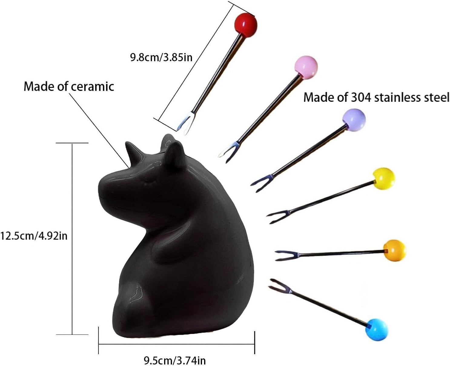 6 Stainless Fruit Fork with Holder Stainless Steel and Porcelain Pink Unicorn Holder Cute Cartoon Exterior Suitable for Fruit&Desserts&Salads 10 Centimeters/3.9 inches (White) (Black)