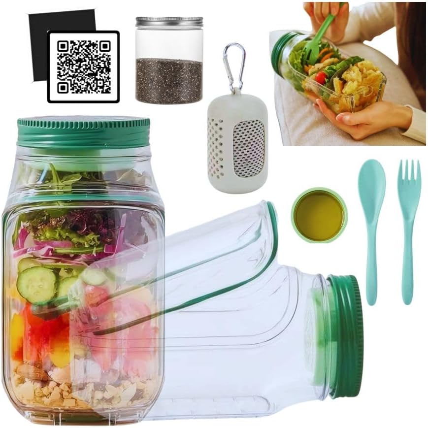 6-in-1 Salad Lunch Kit with Side-Opening Jar – Leakproof BPA-Free Container with Dressing Cup  Reusable Fork & Spoon for Healthy Lunches On-the-Go