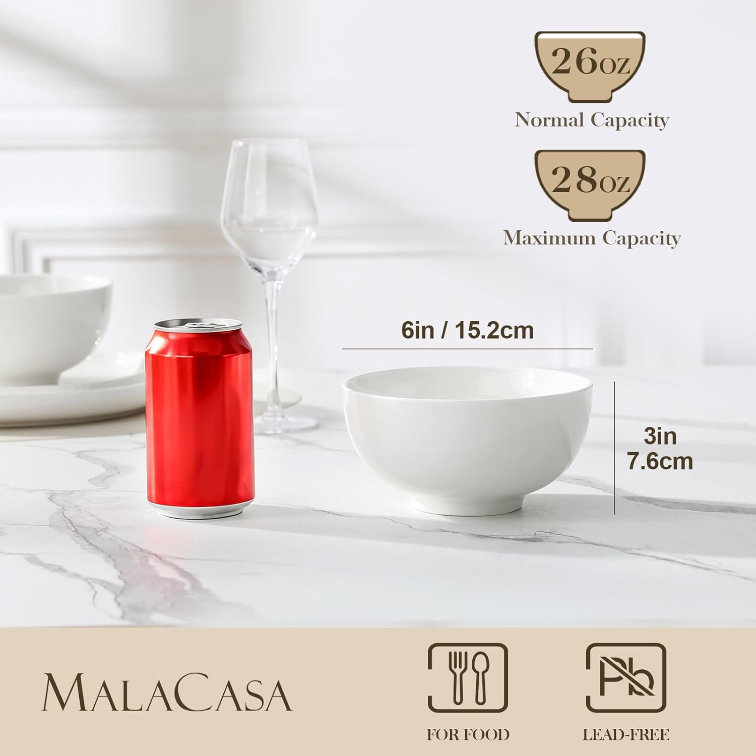 MALACASA 26 Oz Porcelain Soup Bowls Set of 4  White Ceramic Bowls for Kitchen  Cereal Bowl for Oatmeal  Fruit  Salad  Ramen and Rice Bowl -Dishwasher & Microwave Safe Bowls