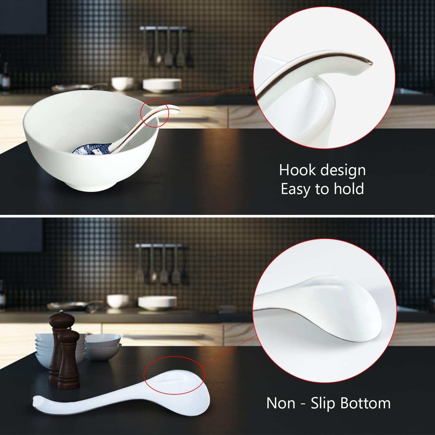 Asian Ceramic Soup Spoon  with Long Handle Easy to Hold  Non-slip Bottom  for Japanese Ramen  Chinese and Vietnamese Wonton  Noodle Soup Spoons (V86)