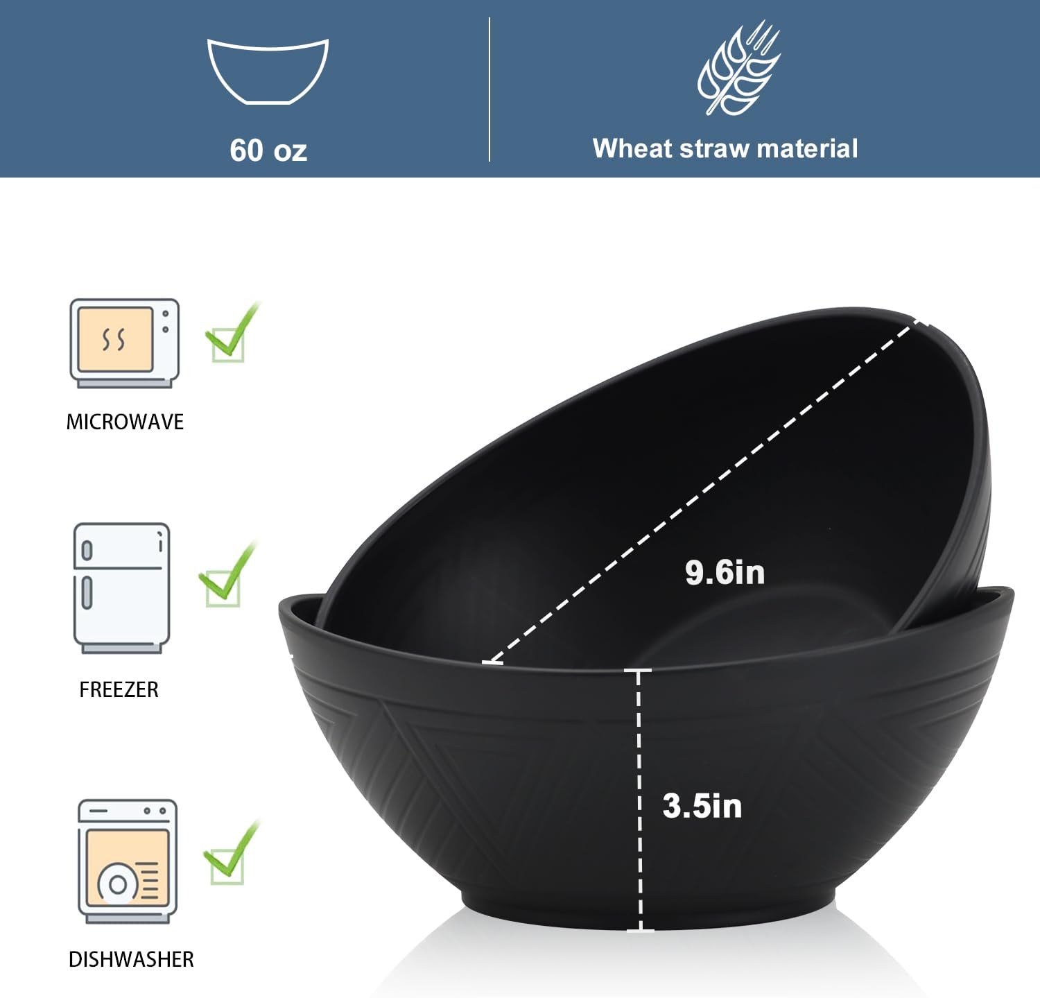 Wrova 65oz Big Wheat Straw Bowls - Large Salad Bowls set of 6 - Unbreakable Serving Bowls - Microwave & Dishwasher Safe - Oval Bowls for Cereal Salad Fruit - Pure Black