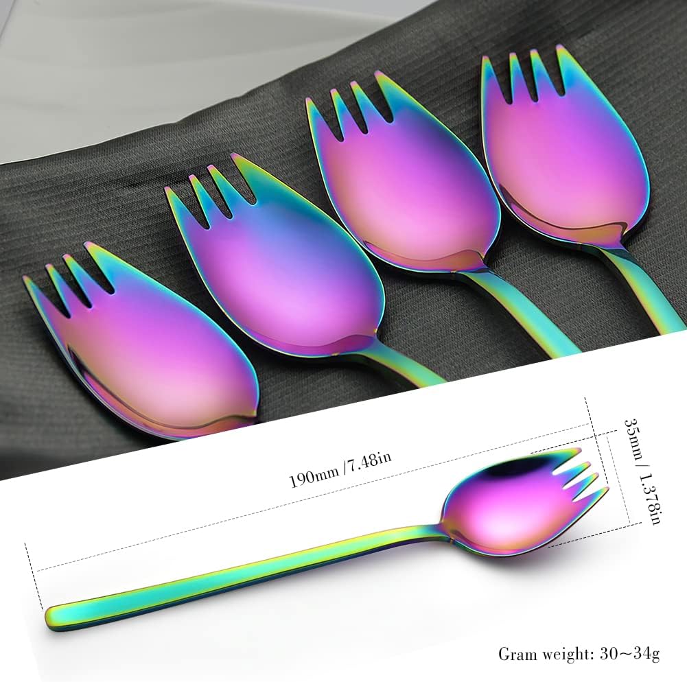YFWOOD Sporks  4-pack 18/10 Stainless Steel Sporks 7.4 Inches Long Handle Dessert Spoons Ice Cream Spoons Salad Forks Flatware Set Reusable Fruit Appetizer Dessert Forks for Household Use or Camping