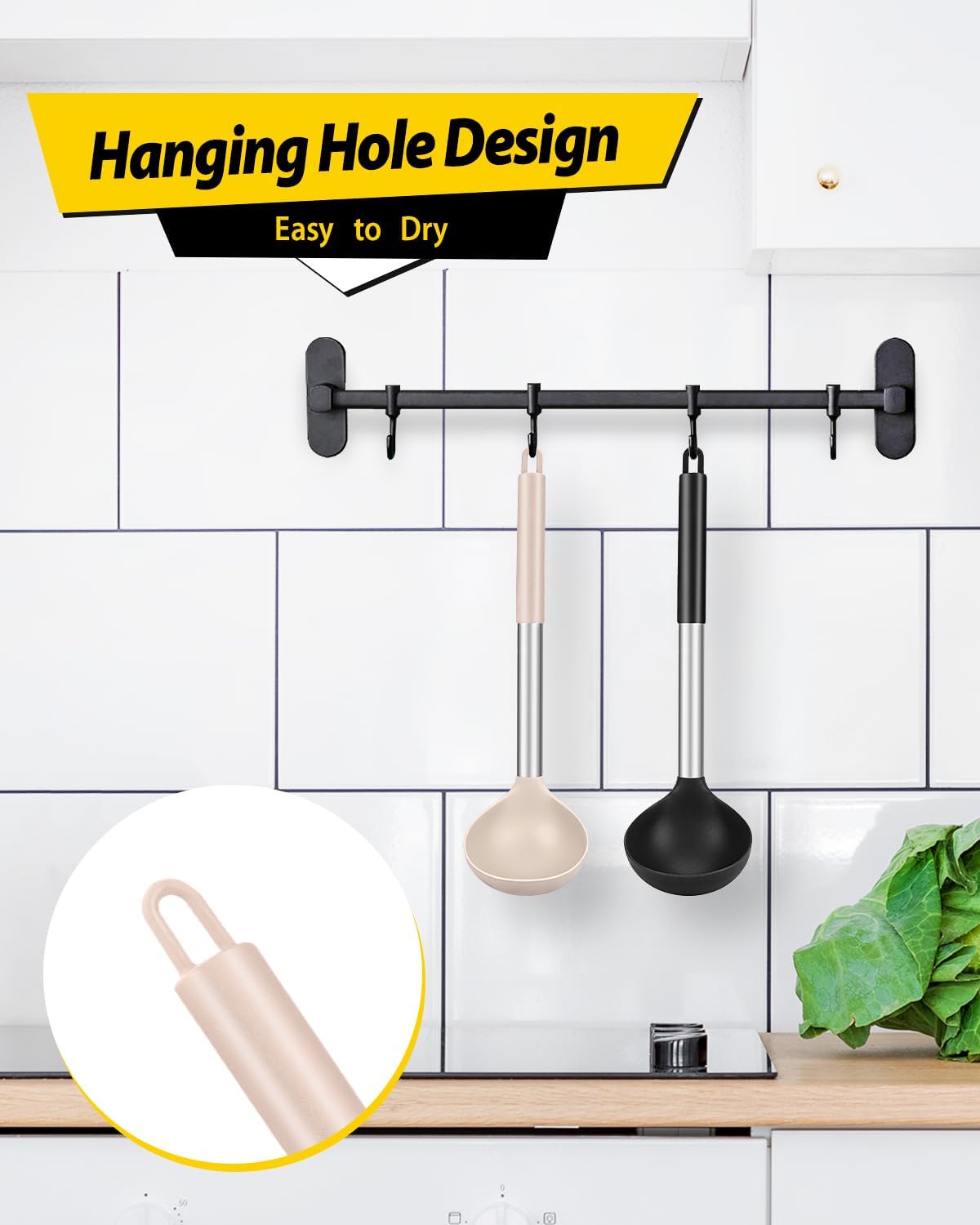 Pack of 2 Ladle Spoon Silicone Large Spoon for Soup Non Stick Kitchen Utensils with High Heat Resistant BPA Free Perfect Kitchen Tools for Cooking  Stirring Serving Soups (BLACK-KHAKI)