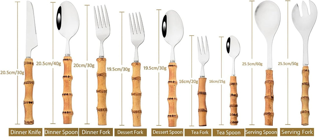 8pcs Natural Bamboo Salad Fork Set  Dessert Fork For Home Wedding Party Or Restaurant Daily Use  304 Stainless Steel  7.87-inch (Silver)