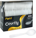 PAMI Heavy Weight Disposable Plastic Soup Spoons [200-Pack] - Bulk King Size Deluxe White Plastic Silverware For Parties  Weddings  Catering Food Stands  Takeaway- Heavy-Duty Single-Use Partyware