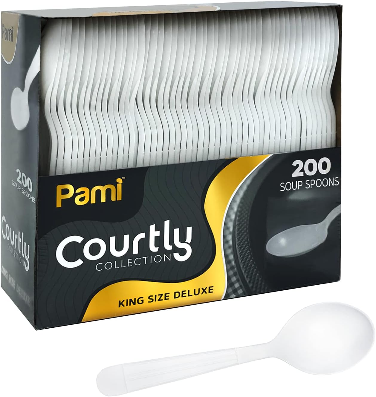 PAMI Heavy Weight Disposable Plastic Soup Spoons [200-Pack] - Bulk King Size Deluxe White Plastic Silverware For Parties  Weddings  Catering Food Stands  Takeaway- Heavy-Duty Single-Use Partyware