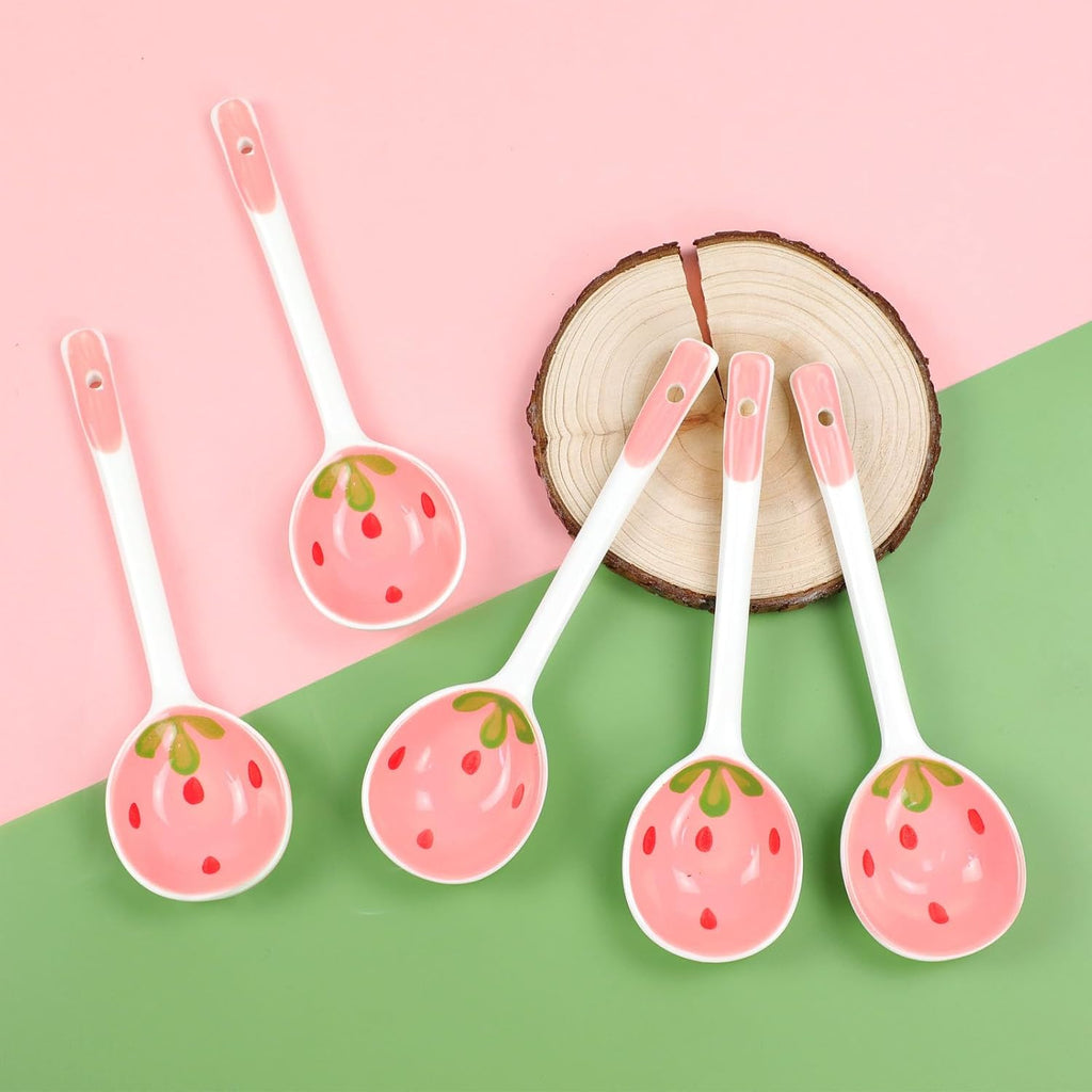 5 Pcs Ceramic Soup Spoons Cute Strawberry Spoons Long Handle Porcelain Tablespoons Reusable Dinnerware for Ice-cream Desserts Cereal Soup Yogurt (5)