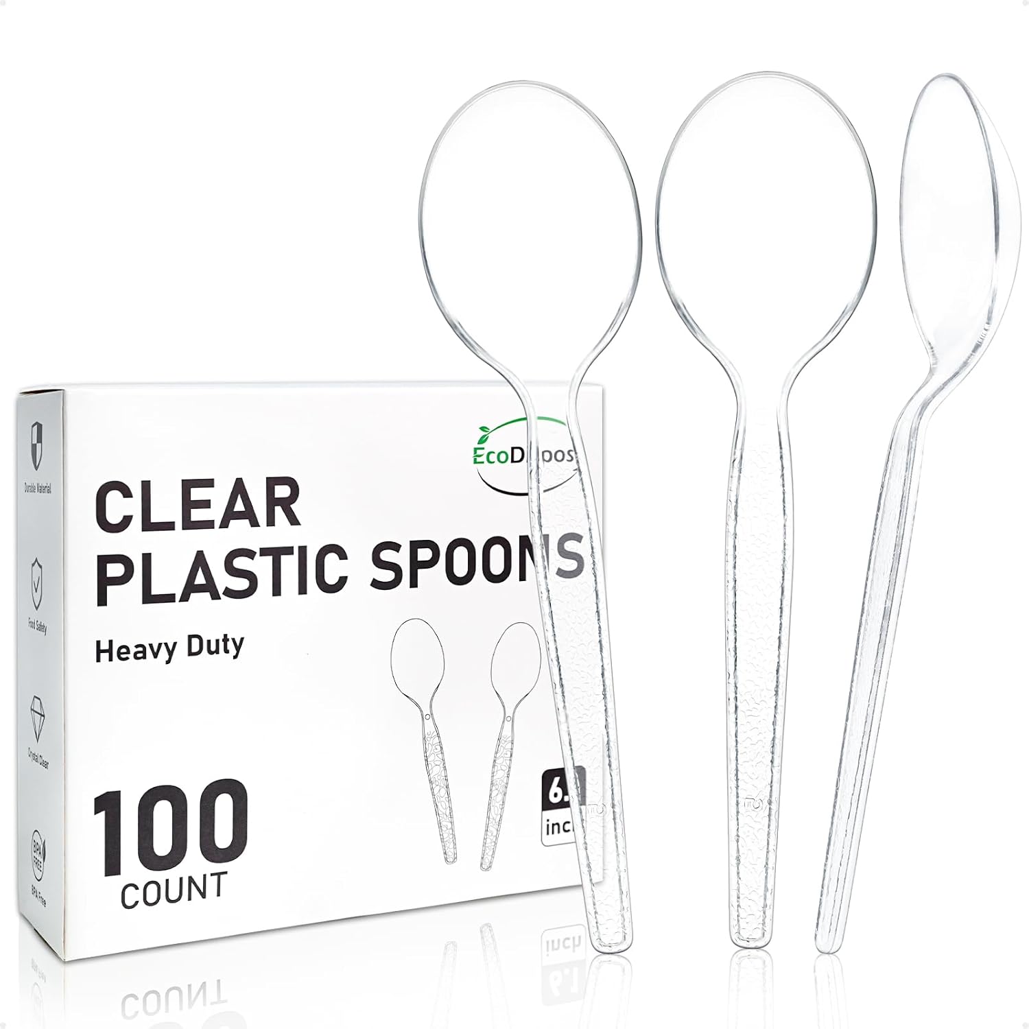 Eco Dispose 100 Count Disposable Plastic Spoons Heat Resistant and BPA Free  Heavy Duty Durable Disposable Cutlery for Party Event Supply