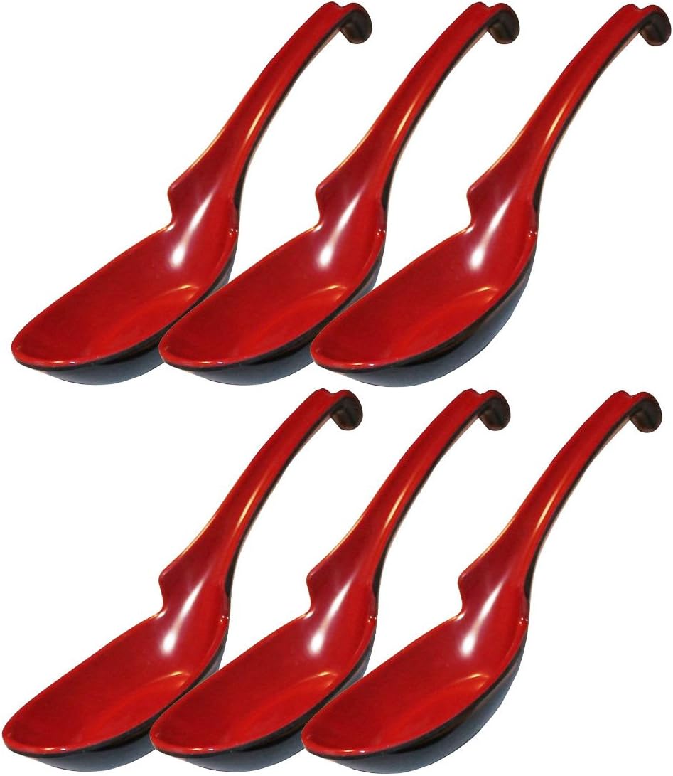 Happy Sales Melamine Soba  Rice Spoons  Chinese Won Ton Soup Spoon  Asian Red and Black  6 Pack Notch & Hook Style