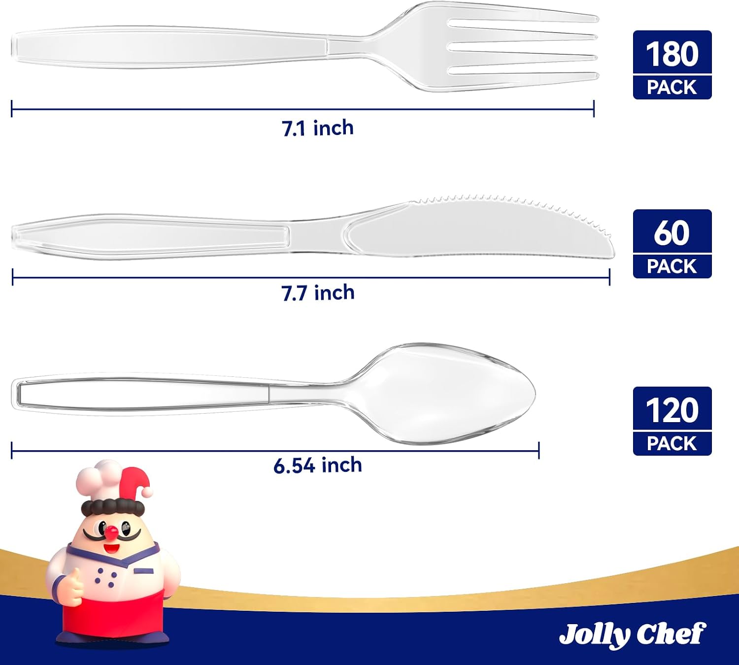 JOLLY CHEF 360 Count Clear Plastic Silverware Heavy Duty-180 Forks  120 Spoons  60 Knives  Heat Resistant Plastic Cutlery  Disposable Utensils Set for Parties  Events  Everyday Use