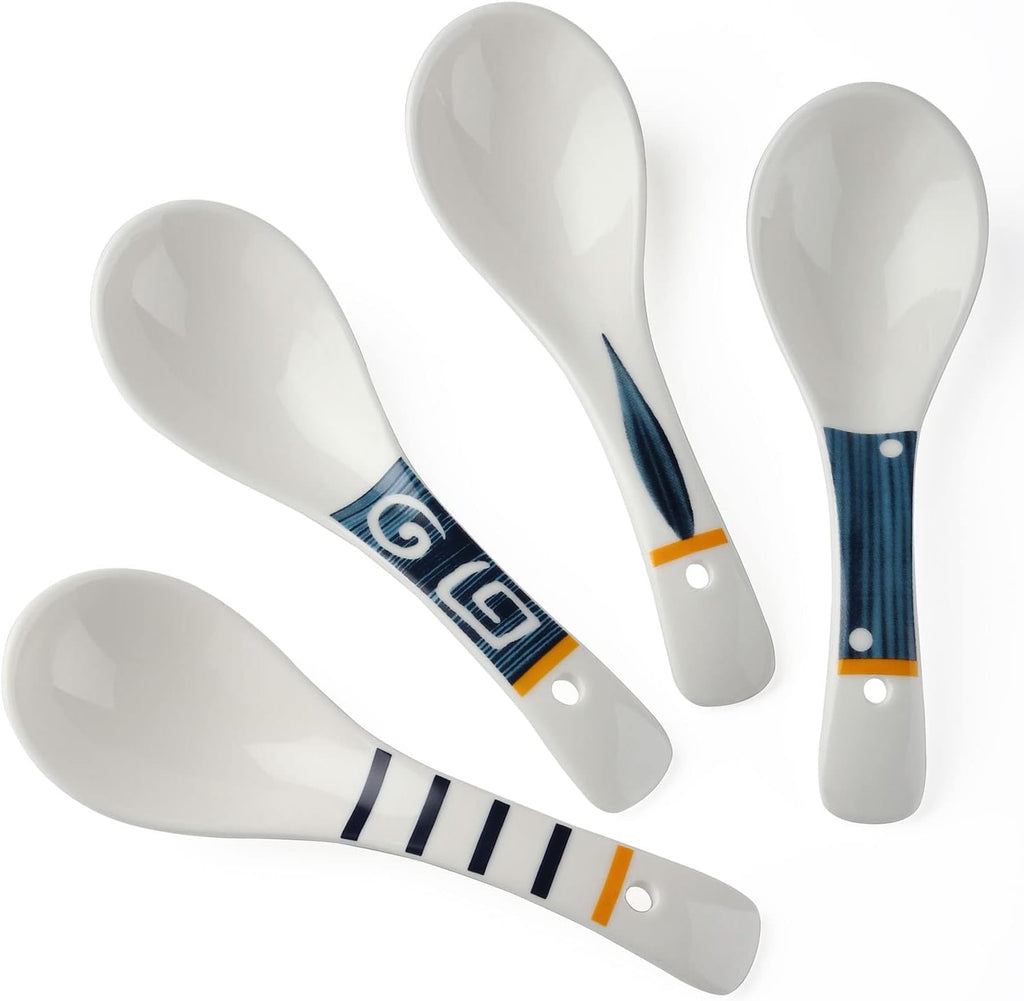 Ceramic Asian Soup Spoons Set of 4 Japanese Ramen Spoons Porcelain Chinese Soup Spoons for Ramen Noodles Pho Blend with Udon