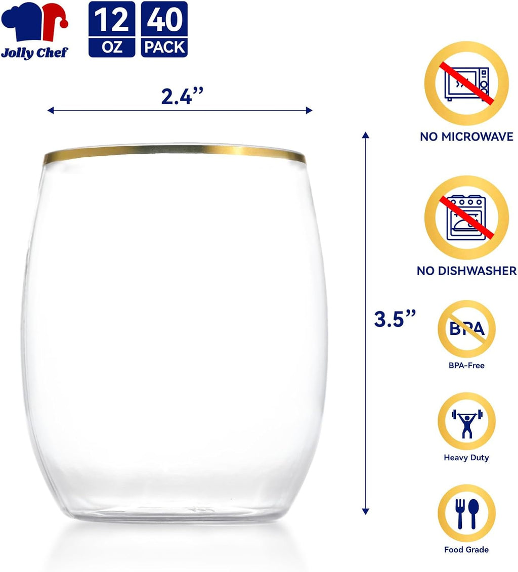 JOLLY CHEF 12 oz 40 Pack Gold Plastic Wine Glasses Stemless  Shatterproof  Unbreakable  Crystal  Disposable Plastic Wine Cups for Party  Halloween  Christmas  Thanksgiving