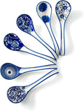 Ceramic Asian Soup Spoon - 6.3 Inch Chinese Soup Spoons Japanese Ramen Spoons for Pho Dumplings Wonton Miso Cereal Stews Noodles - Set of 6 - Vintage Blue