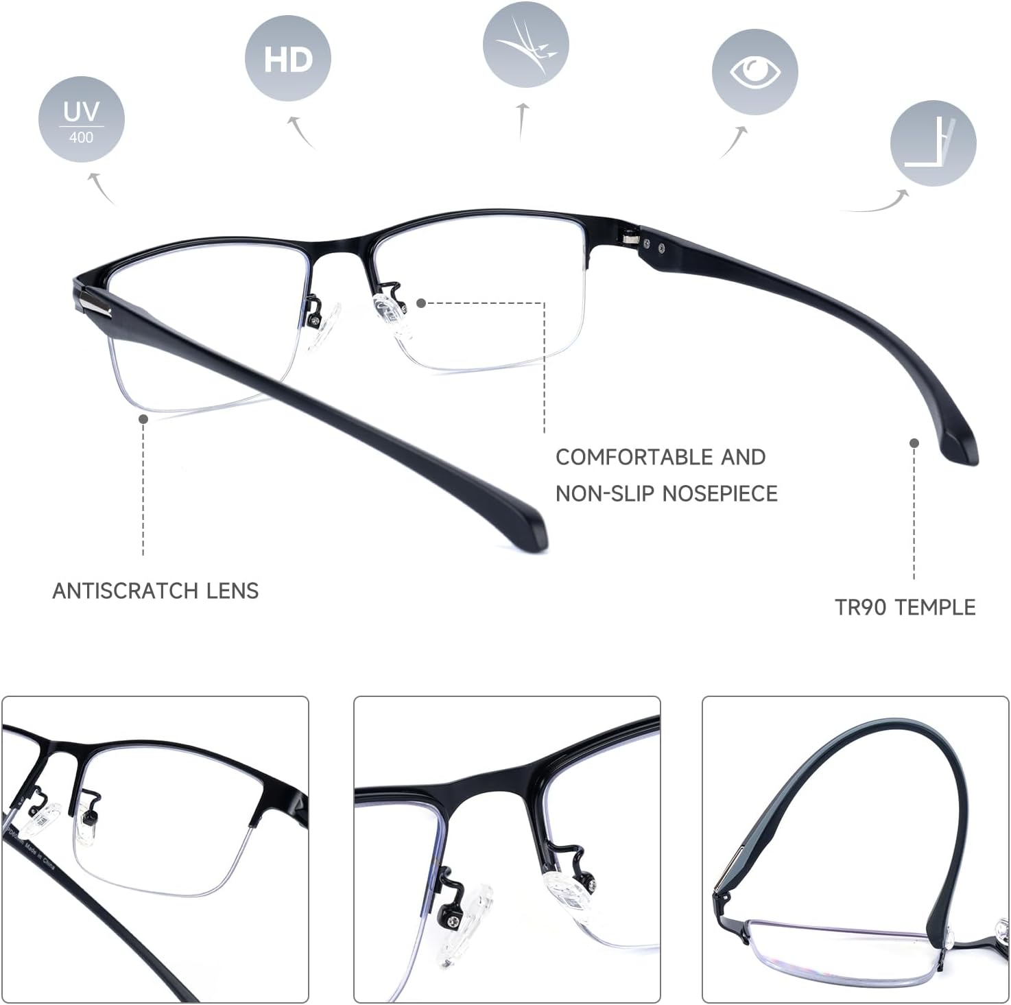 SKYOAK 2 Pack Mens Premium Progressive Multifocus Reading Glasses  TR90 Temples Blue Light Blocking Anti UV/Eye Strain Computer Readers No-Line Half Frame Multifocal Eyeglasses  2x
