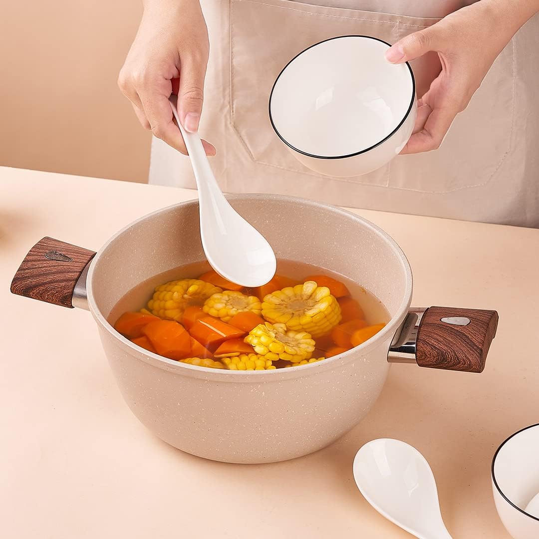 Asian Soup Spoons Set of 4  Ramen Spoons  Ceramic Spoons 6.6" Chinese/Japanese Soup Spoons for Pho  Cereal - Deep Oval Hook Design