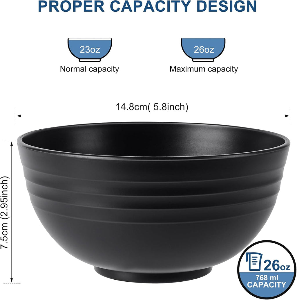 HOTEC BPA Free Unbreakable Wheat Straw Cereal Bowls - Microwave & Dishwasher Safe Soup and Salad Bowls  Set of 8  26oz  Black
