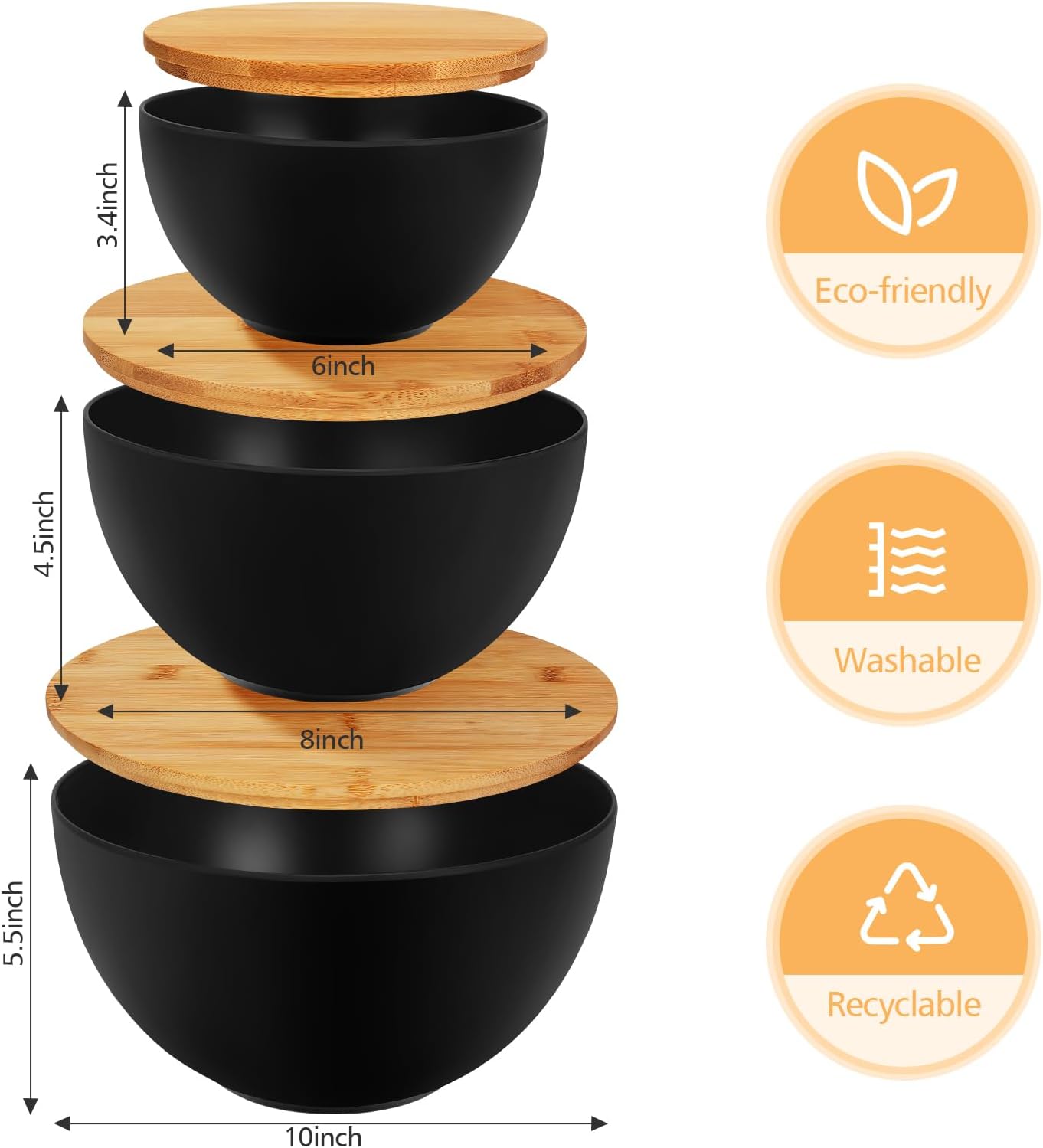 ShineMe Salad Bowl Set of 3  Natural Bamboo Fiber Salad Serving Bowls with Lids Mixing Bowl for Preparing and Serving Salad  Cereal  Fruit  Veggies  Popcorn Chips & Bread(10" 8" 6")