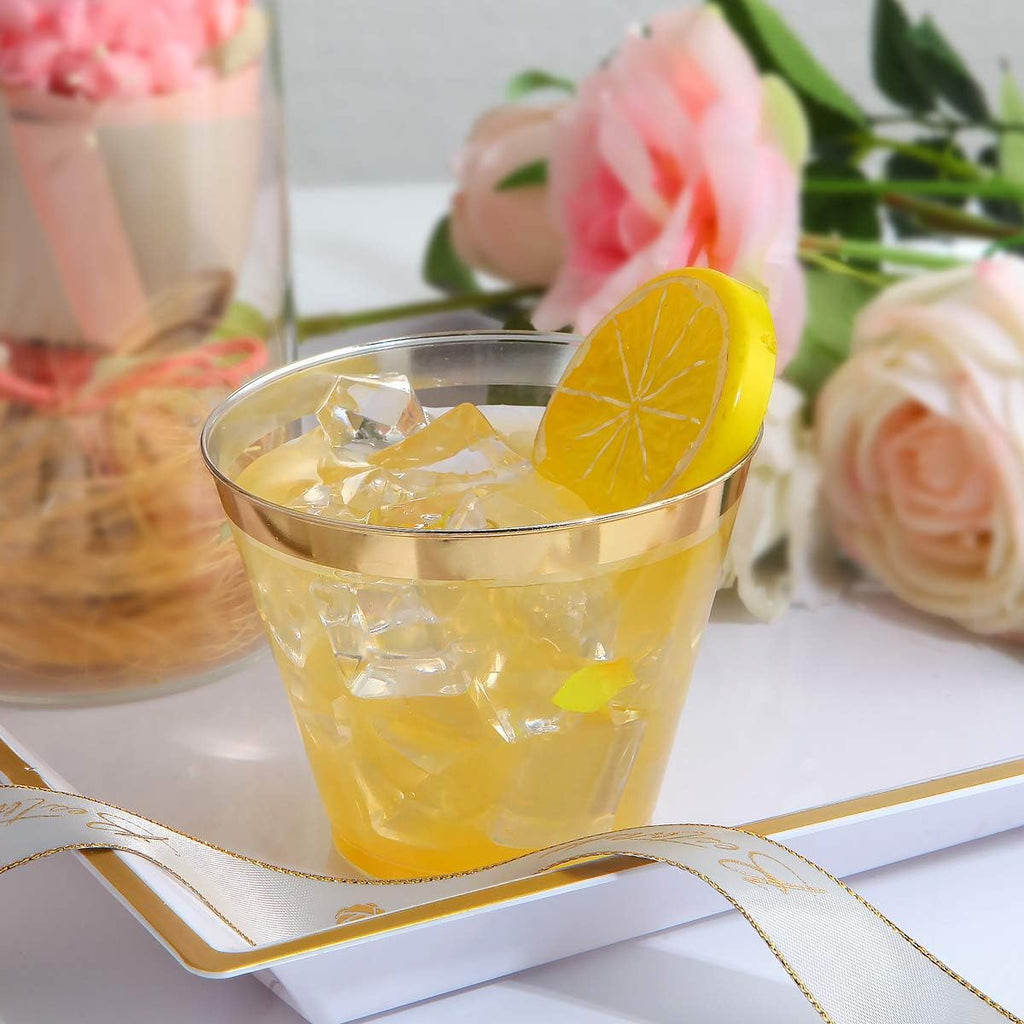 I00000 200 Pack Gold Plastic Cups  9 Oz Elegant Clear Plastic Cups Gold Rimmed Disposable Wine Glasses Fancy Disposable Party Cup Wedding Cup Drinking Tumblers Cocktail Glasses Perfect for Party