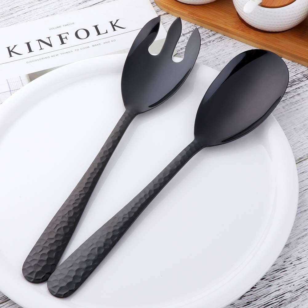 Salad Spoon and Fork Set  12 Inch Stainless Steel Salad Server  Black Serving Utensils  Dishwasher Safe  Pack of 2