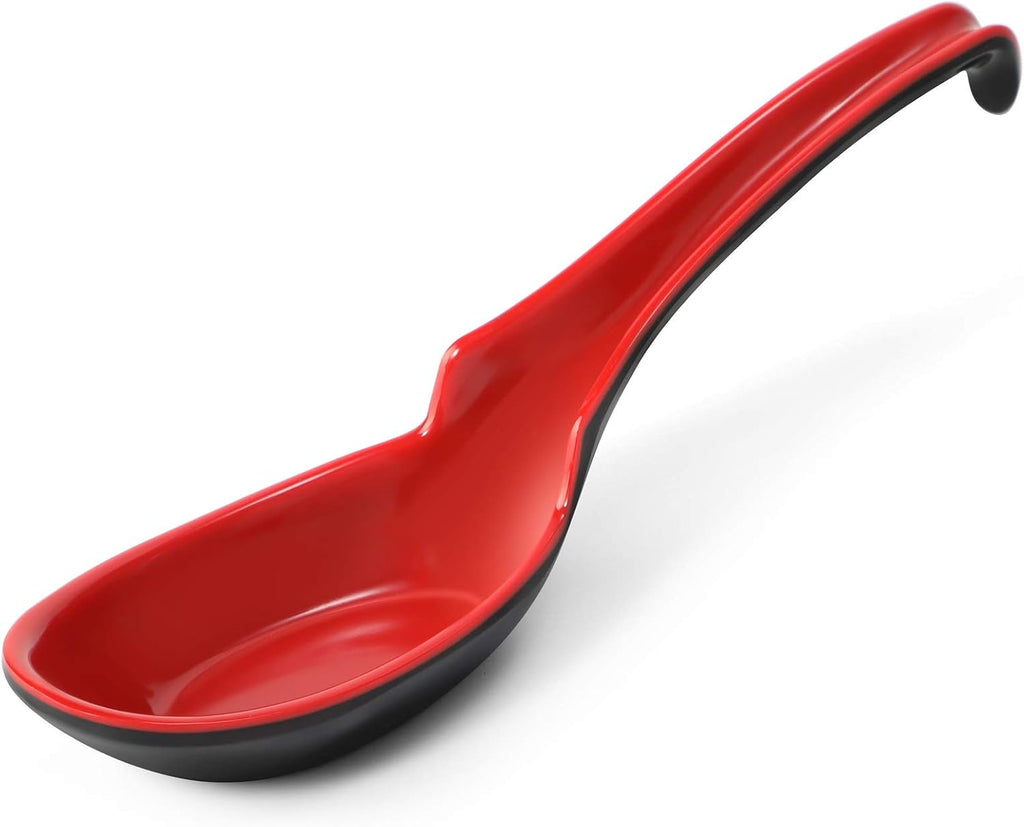12 PACK Asian Soup Spoons  Rice Spoons  Melamine Chinese Won Ton Soup Spoon For soba  pho  ramen  Noodle  Korean Style Large Spoon with Long Handle- Notch and Hook Style  Red ＆ Black