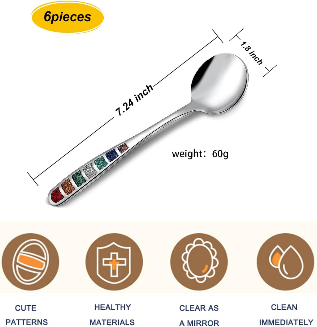 Premium 7.24" European Soup Spoons  Stainless Steel creative colorful enamel spoon drinking spoon  Dishwasher Safe Disinfection cabinet Set of 6