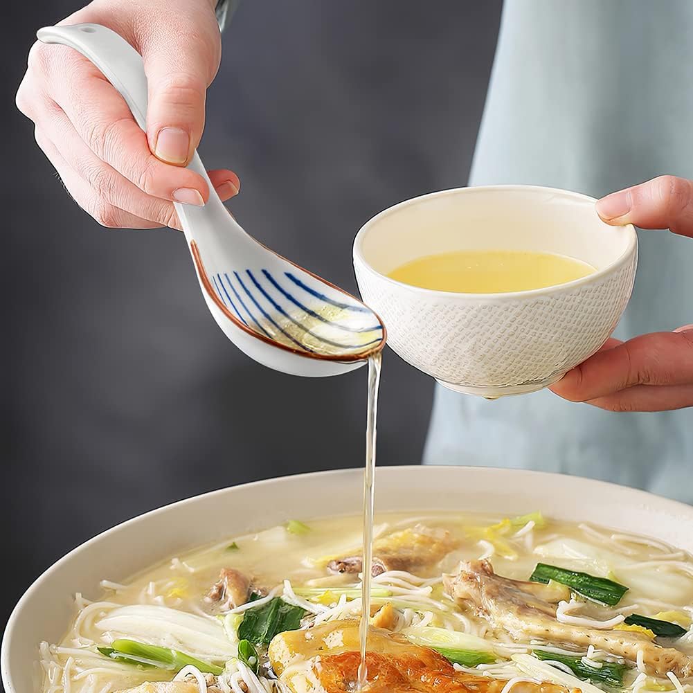 IQCWOOD Ceramic Asian Soup Spoons  Blue and White Japanese Spoon for Soup Rice Ramen Pho Wonton Dumpling Miso  Deep Oval Hook Design  Gifts for Friends Parents Family