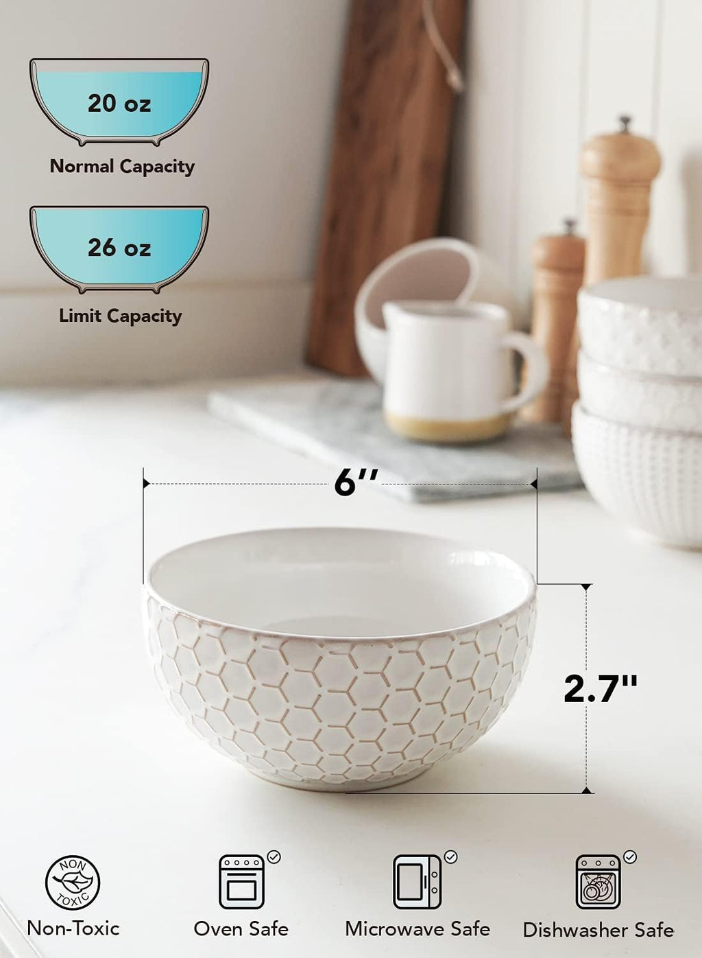 LE TAUCI Cereal bowls 26 oz  Ceramic Soup Bowl for Kitchen  Embossment Stoneware Bowl for Pho  Chip  Fruits  Salad  Noodle  Ramen  Suit For Housewarming - 6 Inch  Set of 4  Arctic white
