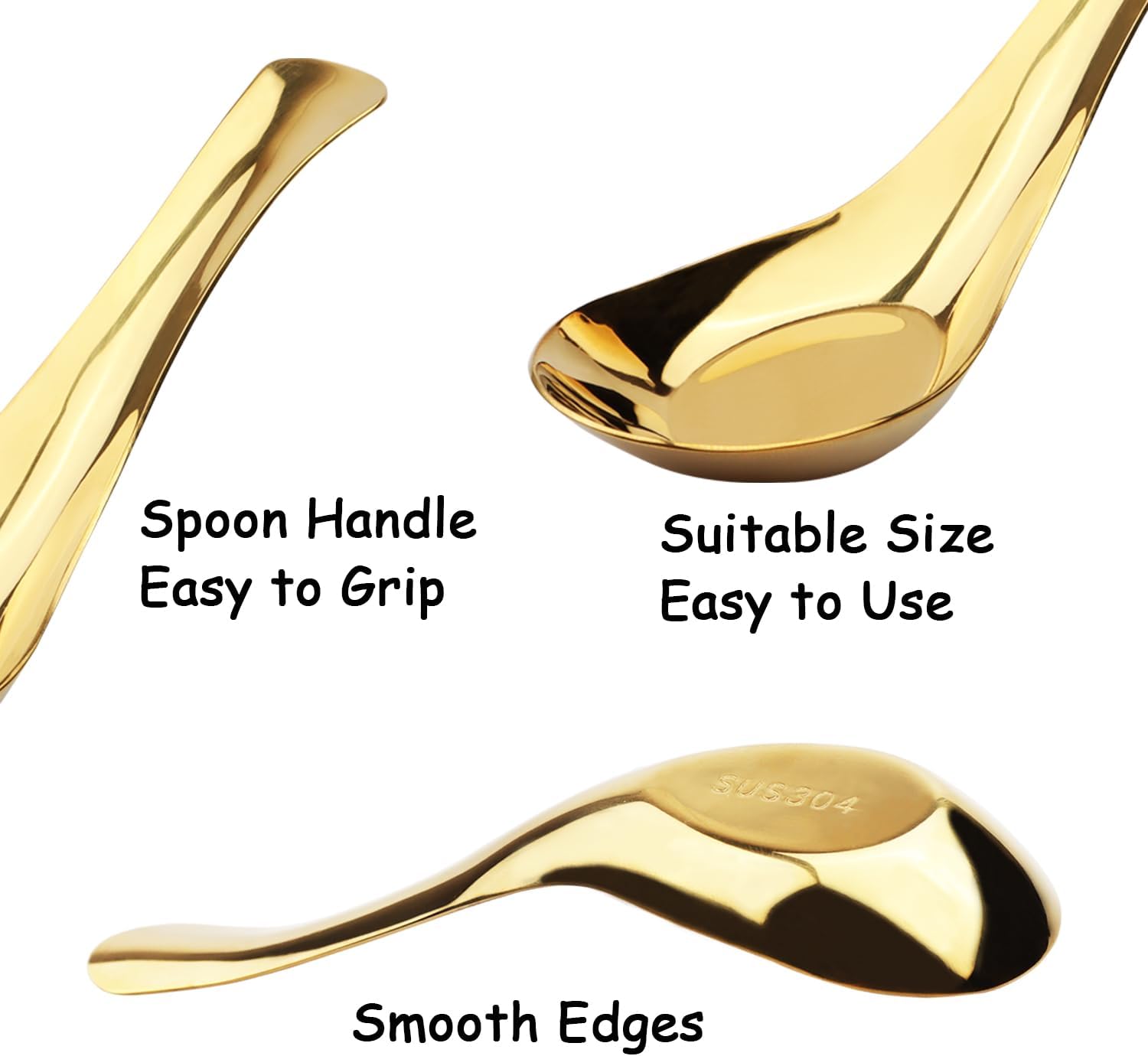 Asian Stainless Steel Chinese Soup Spoons Set of 6 for Ramen Pho Wonton Dumpling Noodles (gold)