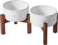 6.1inch Ceramic Raised Double Bowls Set with Acacia Wood Stand  2 Heights Elevated  Food & Water Bowls for Small Breed Dogs  Weighted Dog Dishes  Pet Bowl(27oz  Arctic White)