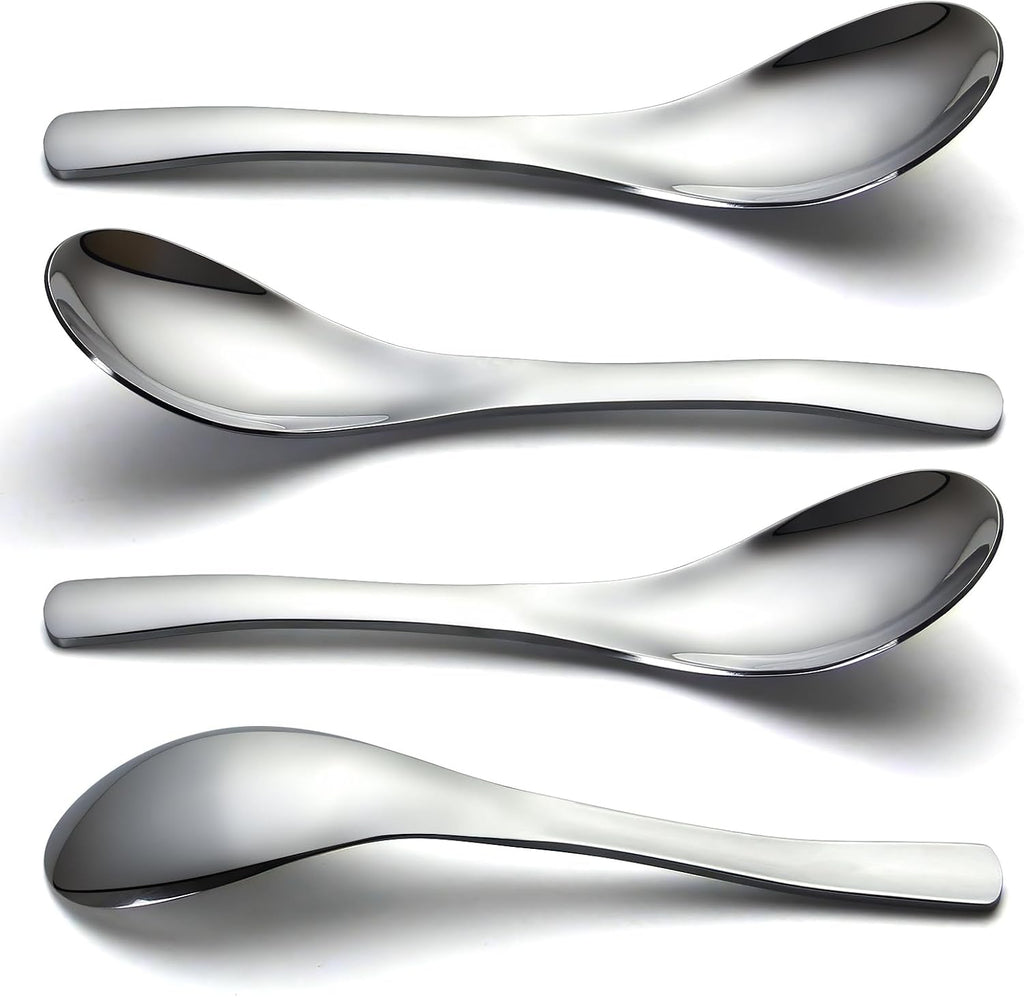 Stainless Steel Soup Spoons - 6 Inch Heavy Duty Asian Soup Spoon for Ramen  Rice  Tea  and Milk  Set of 4 Short Handle Ramen Spoons  Dishwasher Safe  Silver Chinese Table Spoon