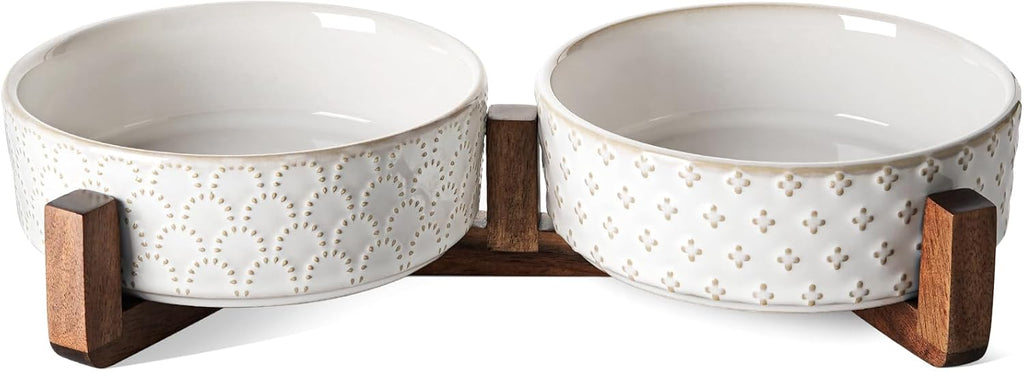 LE TAUCI Dog Bowl Set with Acacia Wood Stand - 1.5-Cup Ceramic Puppy Bowls for Small Dogs  Dual Food and Water Bowls with Weighted Non-Slip Base