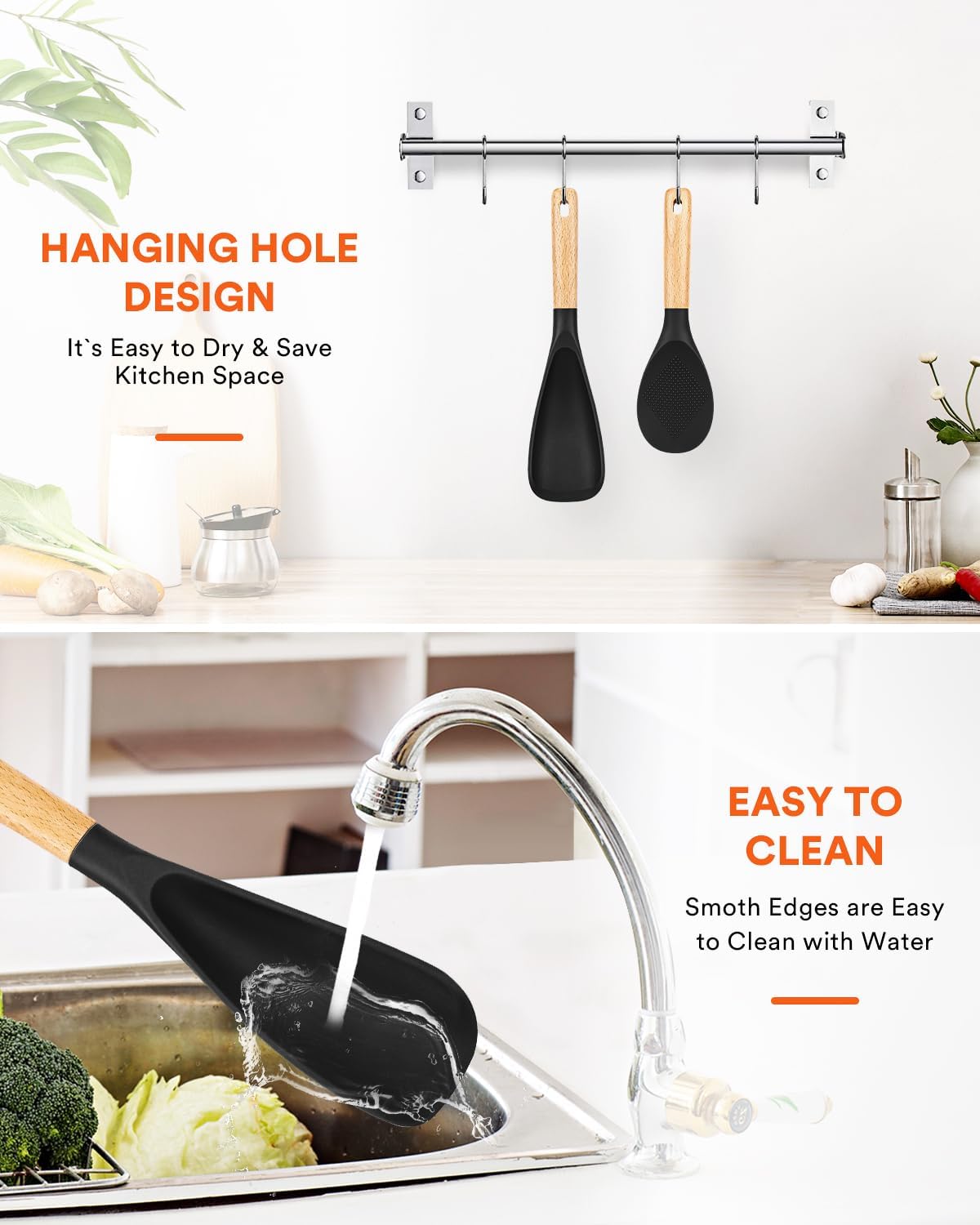 Cooking Spoon and Rice Scooper for Nonstick Cookwares  Great for Cooking and Serving Sturdy BPA-Free Matte Silicone  Wood Handle Spoon for Mixing  Scoop  and Scrape (Black)