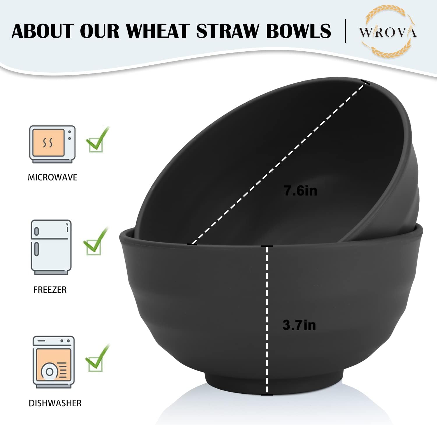 Wrova Wheat Straw Bowls Set 60 OZ Unbreakable Large Cereal Bowls Set of 6 Microwave and Dishwasher Safe Bowls Big Bowls for Camping and Picnic BPA Free Soup Bowl for Serving Oatmeal and Salad. Black