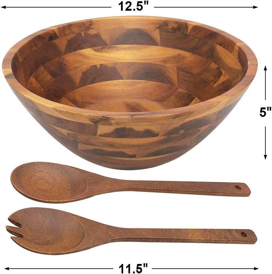 AIDEA Salad Bowls  Wooden Salad Bowls Set  Large Acacia Wood Serving Bowl for Fruits  Salad  12.5" Big Salad Bowl with Serving Utensils